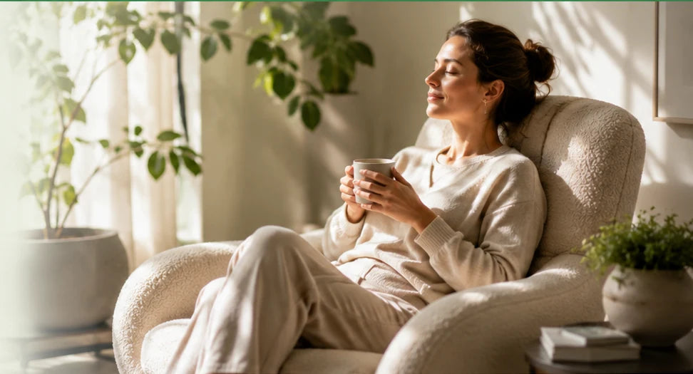 Relaxed woman enjoying a quiet wellness moment at home