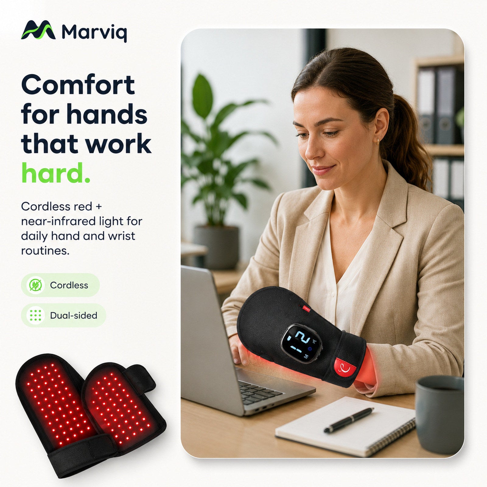 Marviq HandGlow Pro cordless red and near-infrared hand glove in an office routine