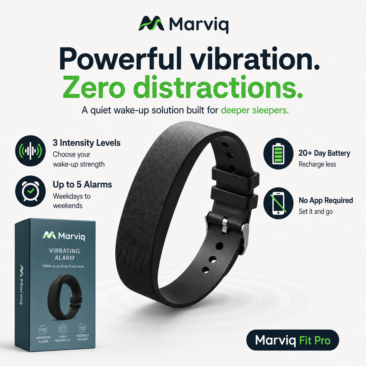 Marviq Fit Pro features including three vibration levels and up to five alarms