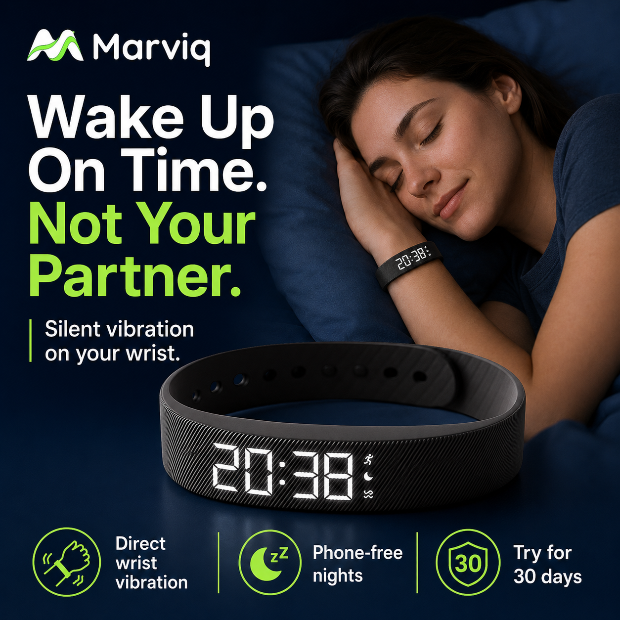 Marviq Fit Pro silent vibration wrist alarm for shared bedrooms